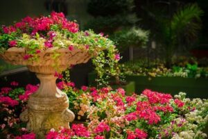 birdbath and flowers